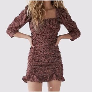ZARA Leopard Print Ruched Mini Dress – Burgundy, Size L
